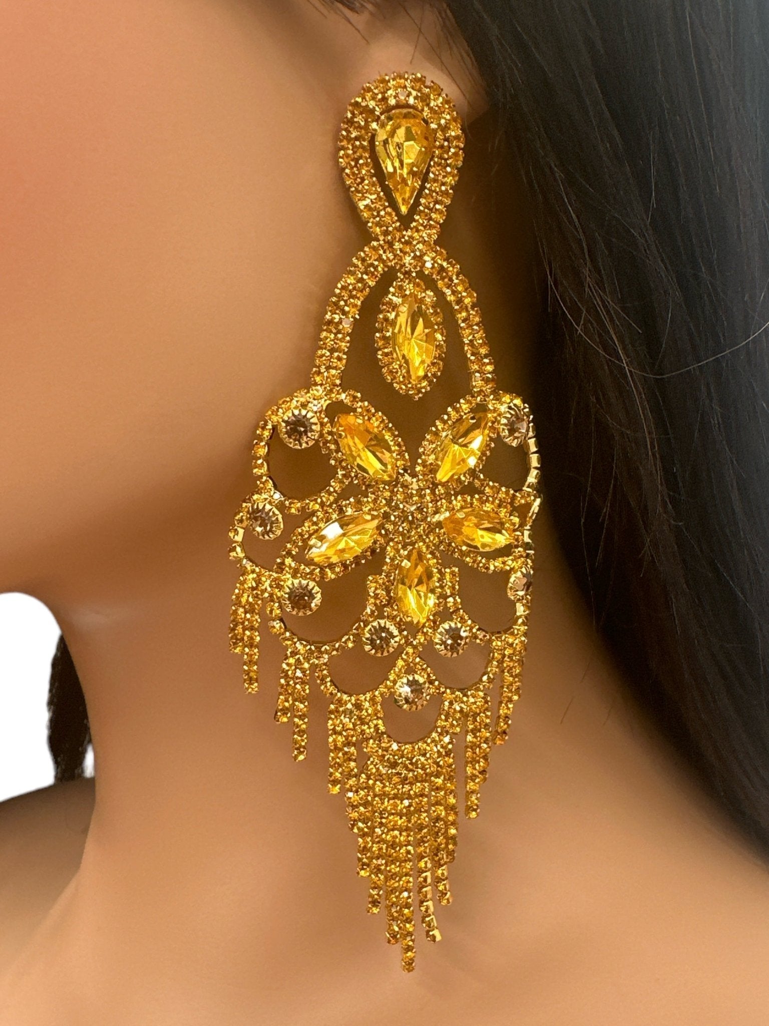 Long Statement Rhinestone Chandelier Tassel Earrings - Fatisha Boutique