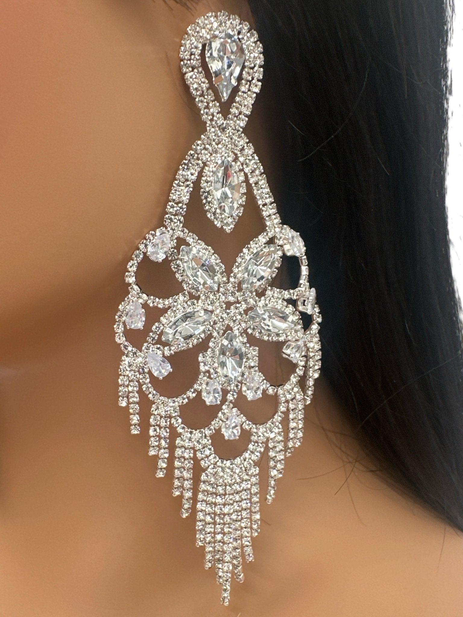 Long Statement Rhinestone Chandelier Tassel Earrings - Fatisha Boutique