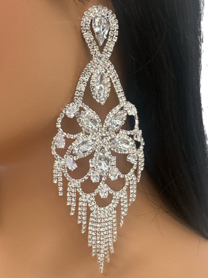 Long Statement Rhinestone Chandelier Tassel Earrings - Fatisha Boutique