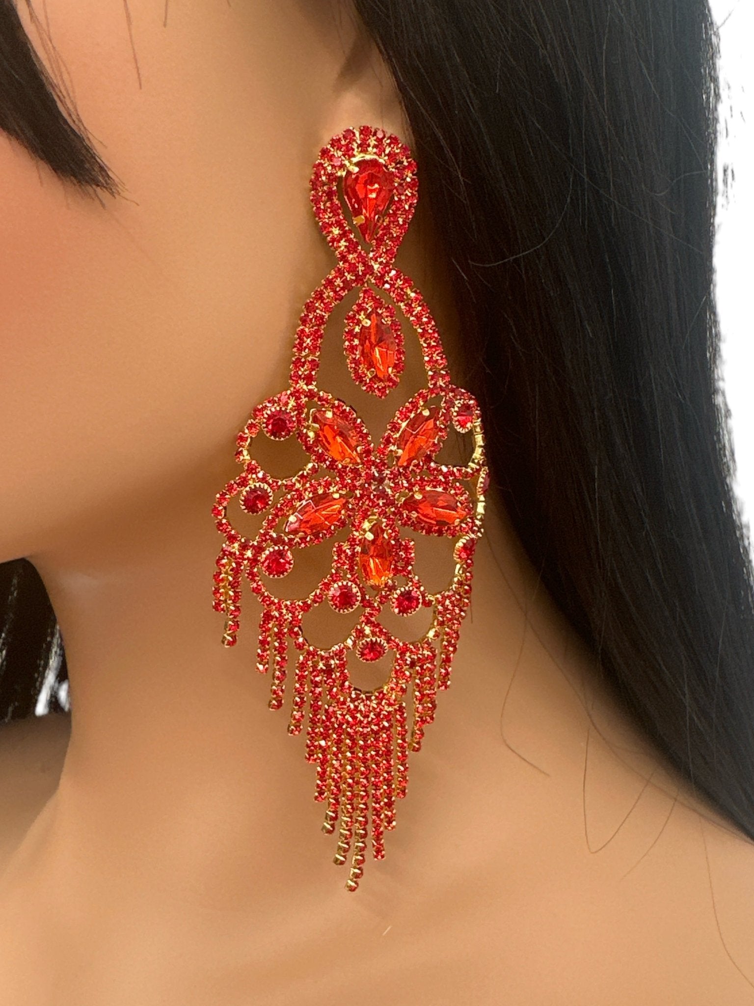 Long Statement Rhinestone Chandelier Tassel Earrings - Fatisha Boutique