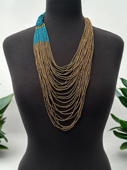 Long Teal And Gold Braided Beaded African Ethnic Necklace - Fatisha Boutique