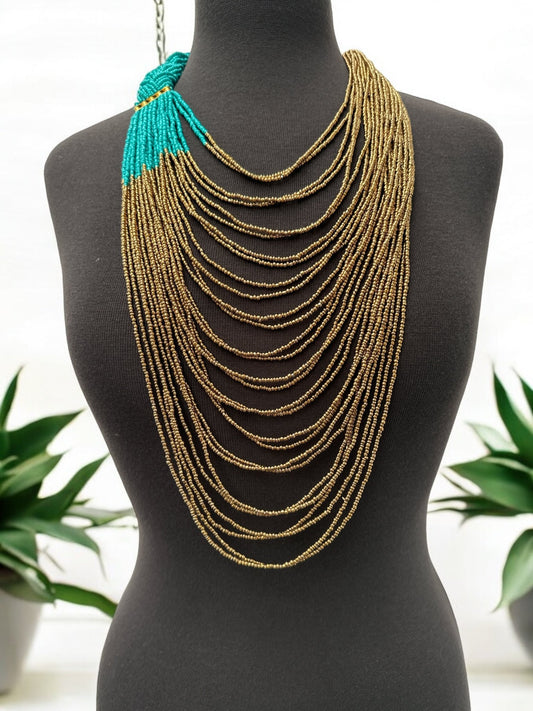 Long Turquoise And Gold Braided Beaded African Ethnic Necklace - Fatisha Boutique
