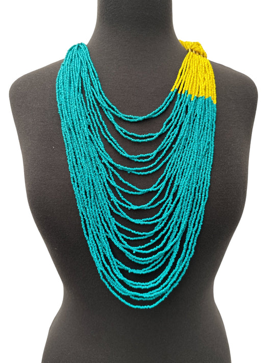 Long Turquoise And Yellow Braided Beaded African Ethnic Necklace - Fatisha Boutique