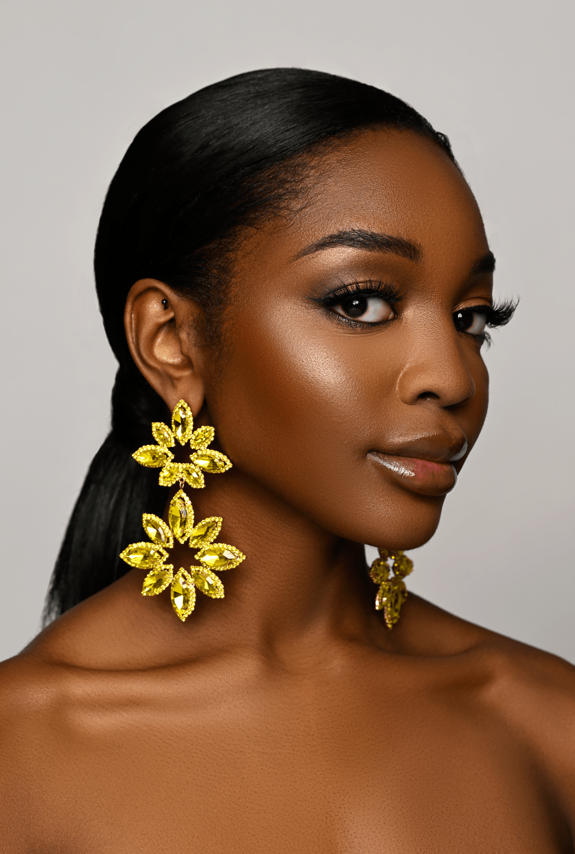 Long Yellow Glamorous Diamante Rhinestone Daisy Flower Statement Earrings - Fatisha Boutique