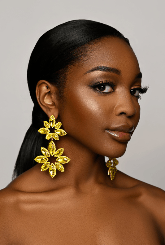 Long Yellow Glamorous Diamante Rhinestone Daisy Flower Statement Earrings - Fatisha Boutique
