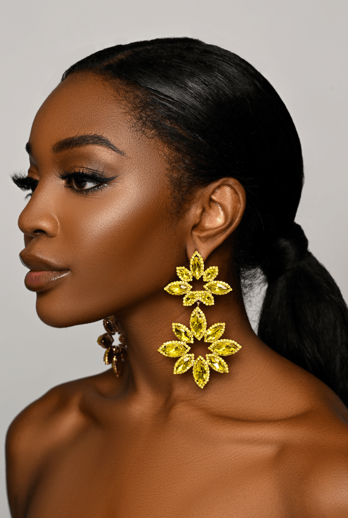 Long Yellow Glamorous Diamante Rhinestone Daisy Flower Statement Earrings - Fatisha Boutique