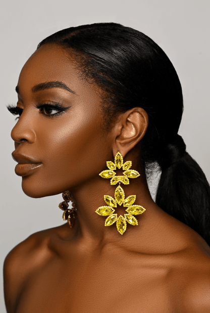 Long Yellow Glamorous Diamante Rhinestone Daisy Flower Statement Earrings - Fatisha Boutique