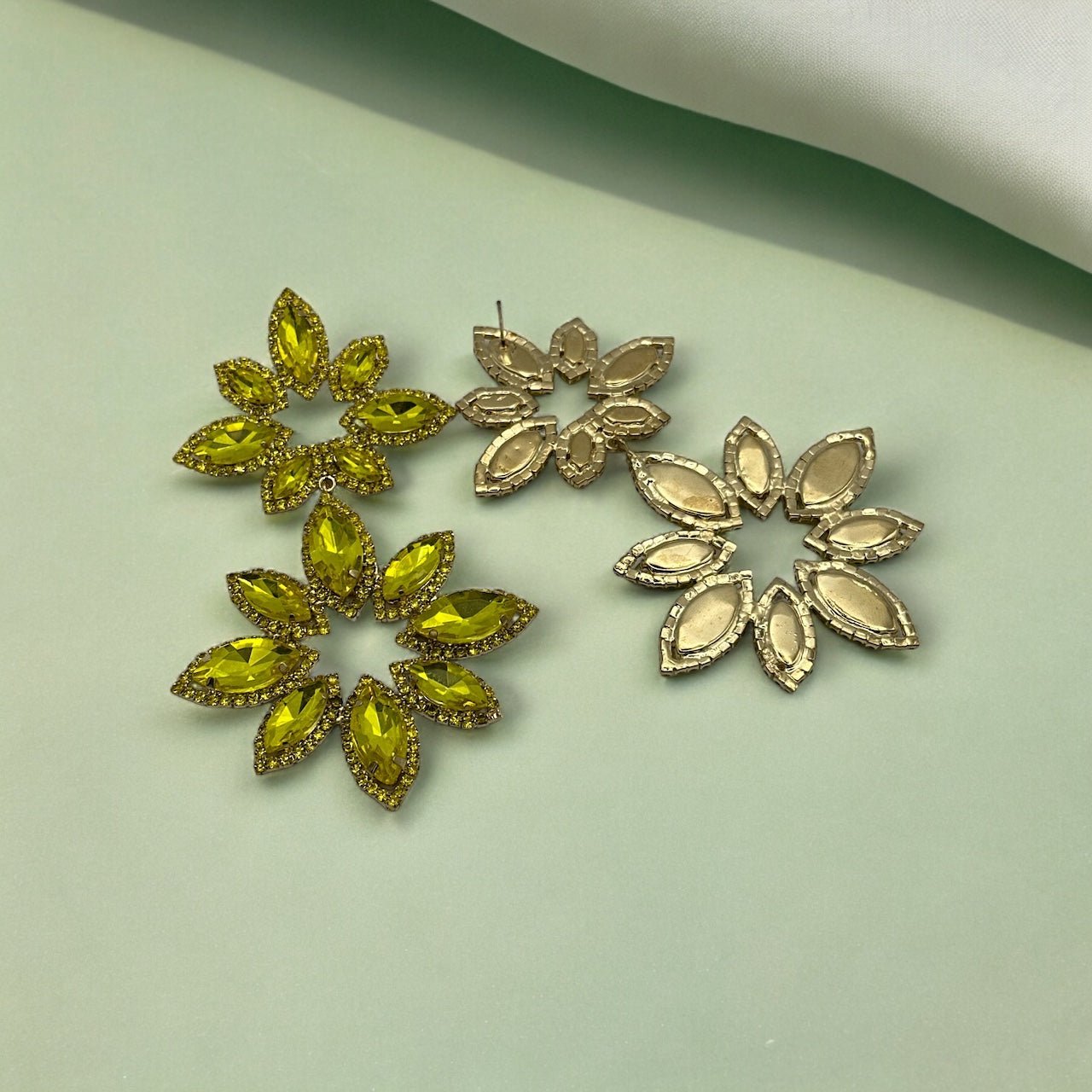 Long Yellow Glamorous Diamante Rhinestone Daisy Flower Statement Earrings - Fatisha Boutique