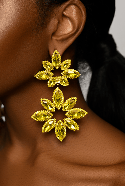 Long Yellow Glamorous Diamante Rhinestone Daisy Flower Statement Earrings - Fatisha Boutique