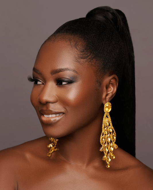 Long Yellow Glamorous Diamante Rhinestone Teardrop Tassel Earrings - Fatisha Boutique
