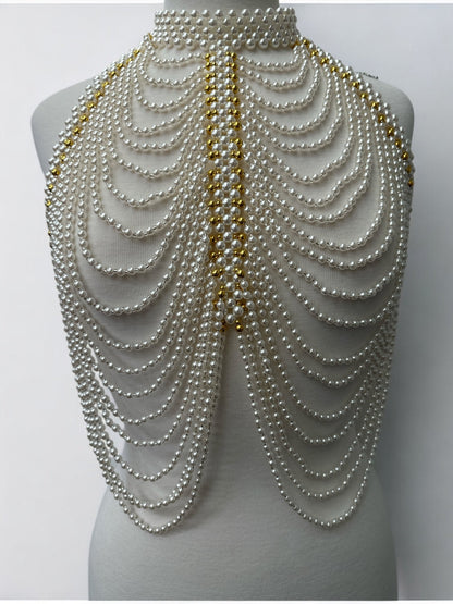 Luxe Pearl & Gold Beads Shoulders Statement Tassel Chain Body Jewellery - Fatisha Boutique