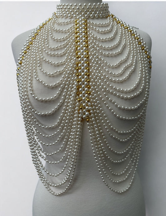 Luxe Pearl & Gold Beads Shoulders Statement Tassel Chain Body Jewellery - Fatisha Boutique