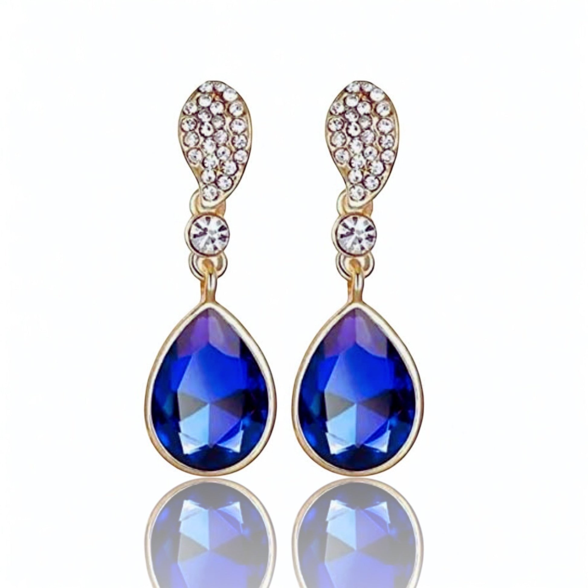 Luxury Blue Teardrop Rhinestone Earrings – Gold Plated Crystal Dangle Earrings for Women | Elegant Wedding & Party Jewelry - Fatisha Boutique