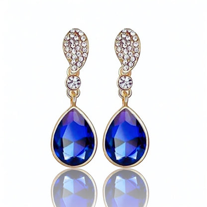 Luxury Blue Teardrop Rhinestone Earrings – Gold Plated Crystal Dangle Earrings for Women | Elegant Wedding & Party Jewelry - Fatisha Boutique