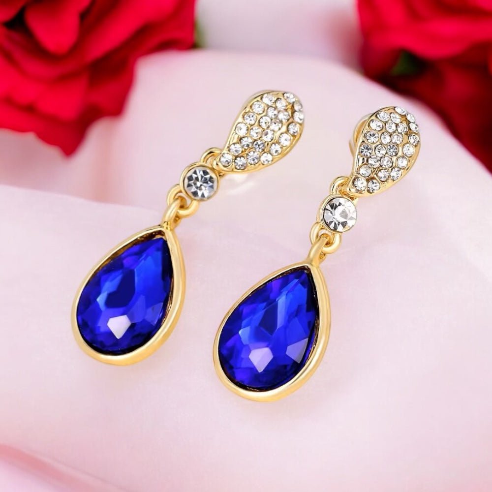 Luxury Blue Teardrop Rhinestone Earrings – Gold Plated Crystal Dangle Earrings for Women | Elegant Wedding & Party Jewelry - Fatisha Boutique