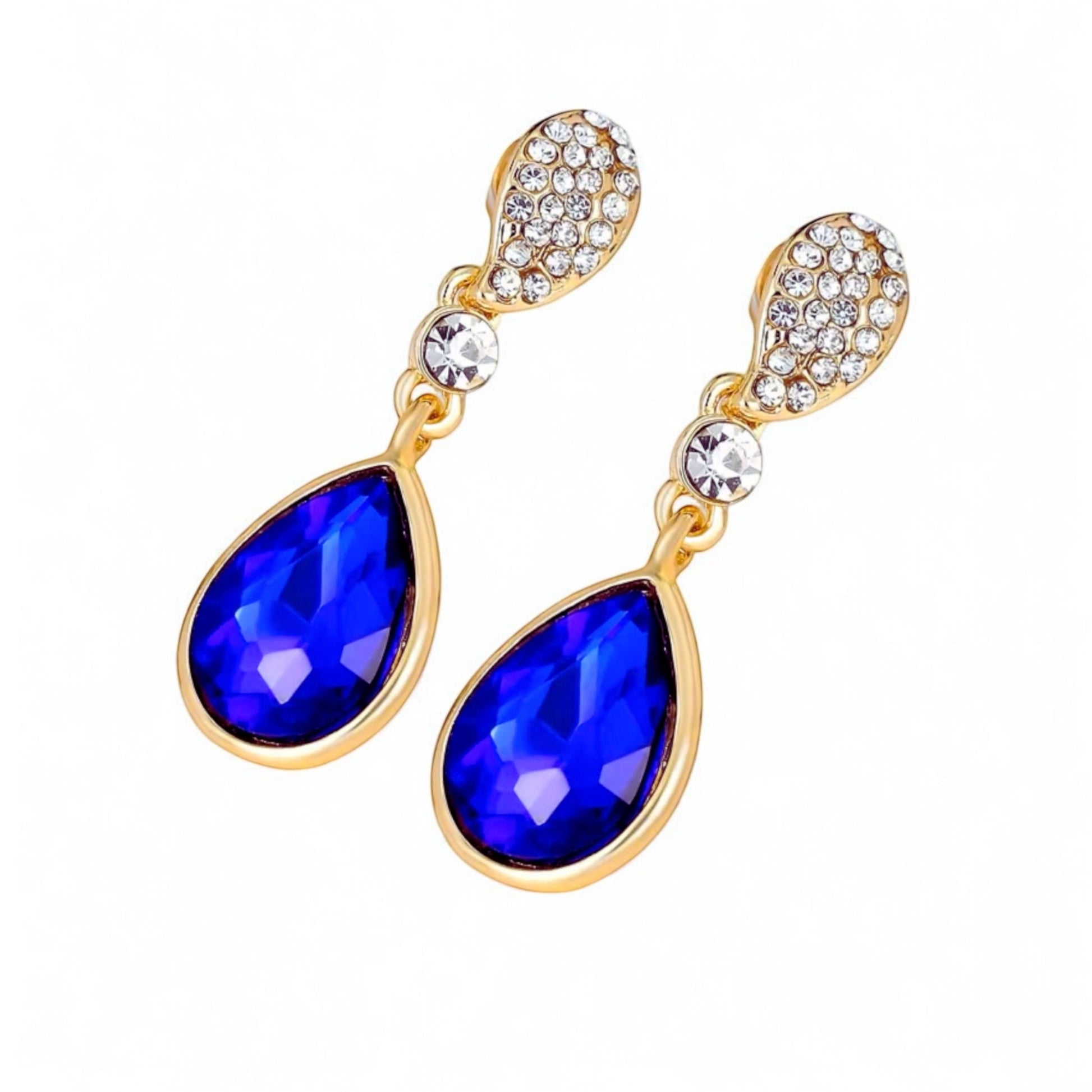 Luxury Blue Teardrop Rhinestone Earrings – Gold Plated Crystal Dangle Earrings for Women | Elegant Wedding & Party Jewelry - Fatisha Boutique