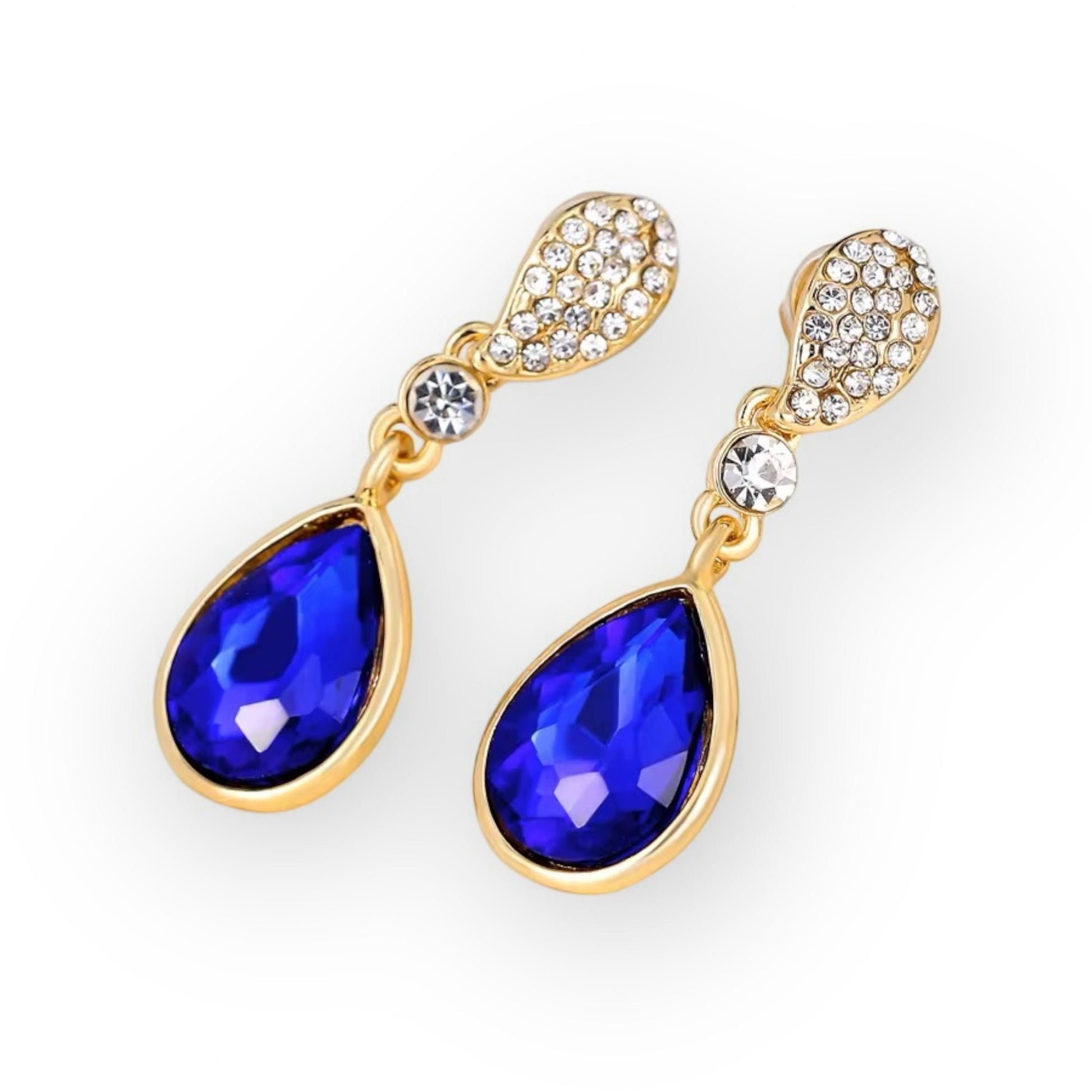 Luxury Blue Teardrop Rhinestone Earrings – Gold Plated Crystal Dangle Earrings for Women | Elegant Wedding & Party Jewelry - Fatisha Boutique