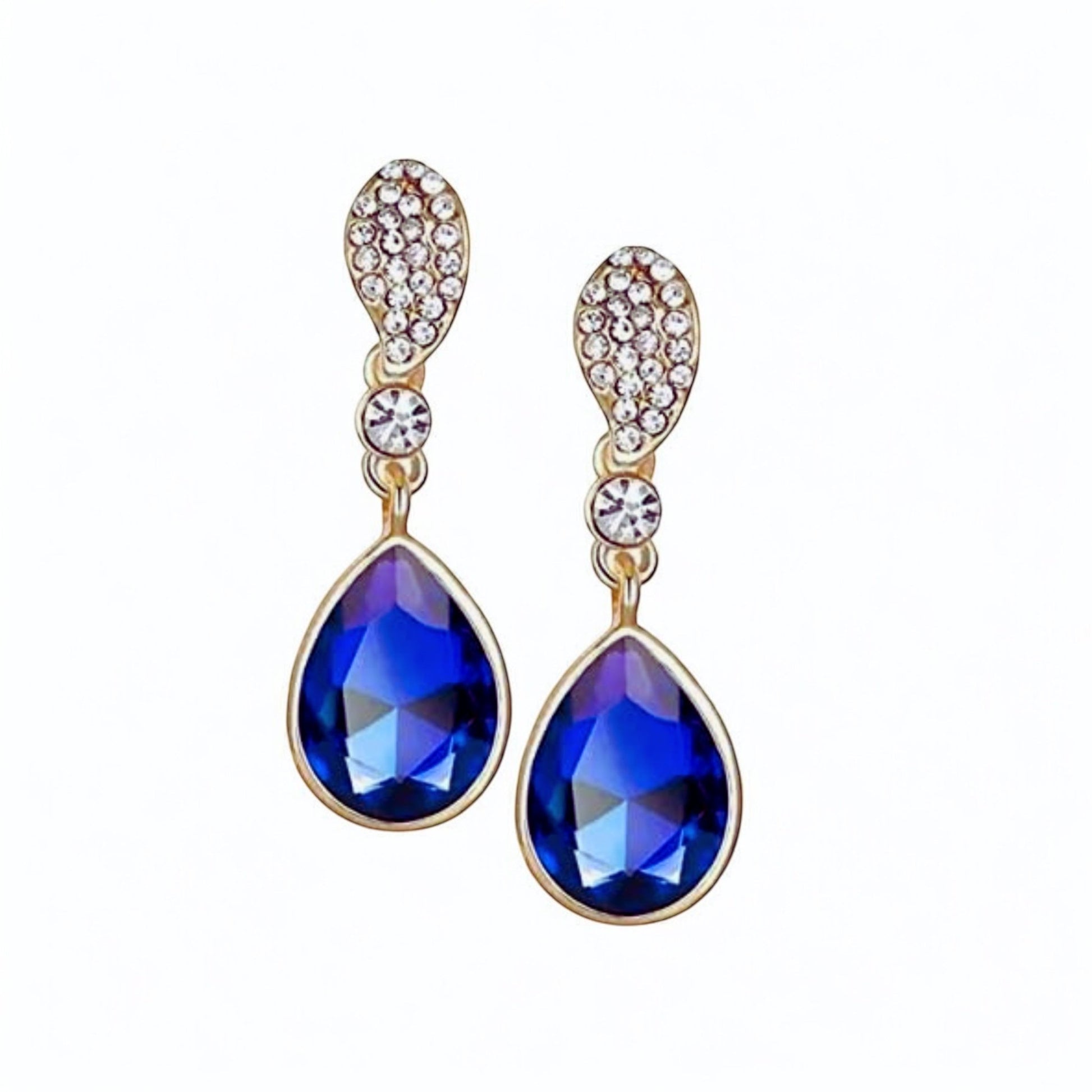 Luxury Blue Teardrop Rhinestone Earrings – Gold Plated Crystal Dangle Earrings for Women | Elegant Wedding & Party Jewelry - Fatisha Boutique