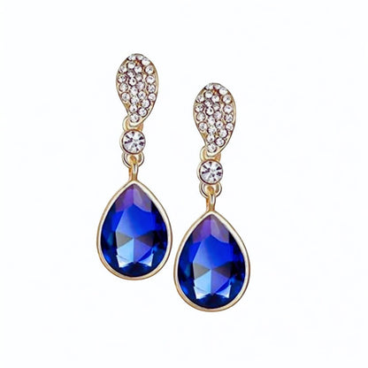 Luxury Blue Teardrop Rhinestone Earrings – Gold Plated Crystal Dangle Earrings for Women | Elegant Wedding & Party Jewelry - Fatisha Boutique