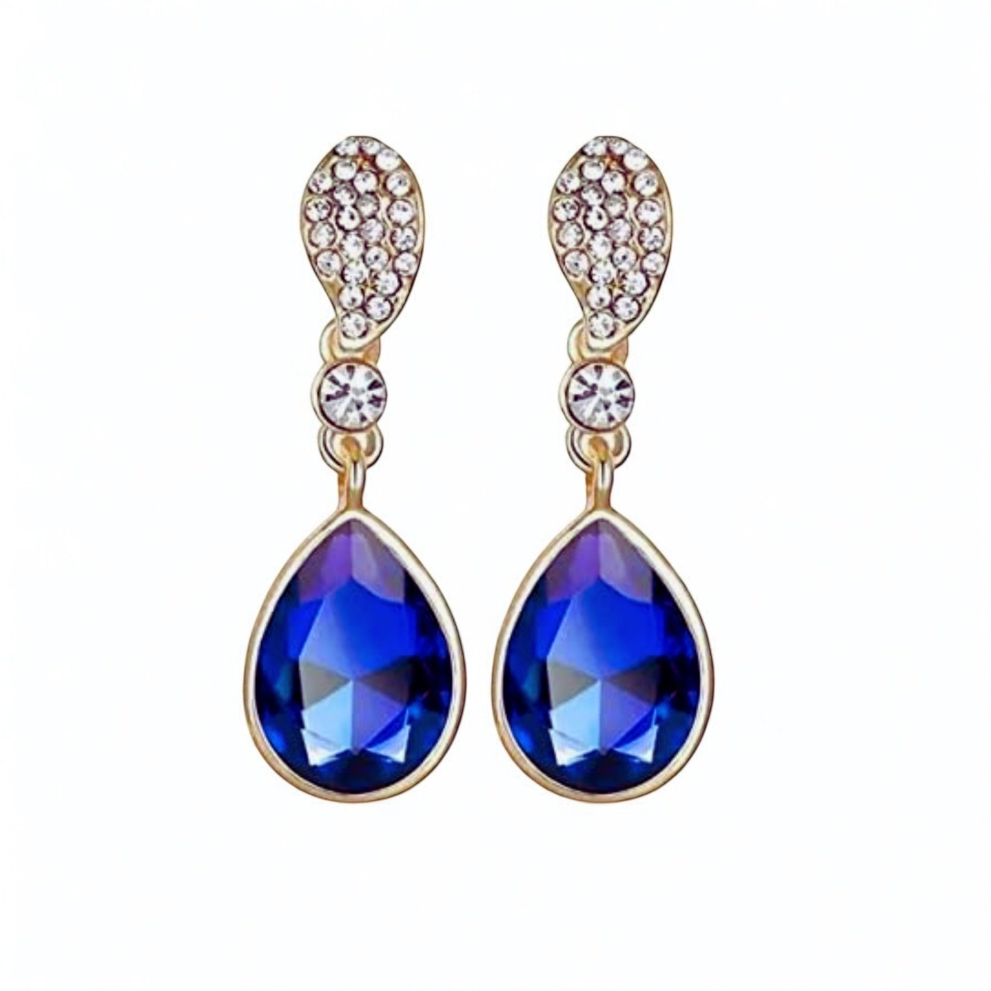 Luxury Blue Teardrop Rhinestone Earrings – Gold Plated Crystal Dangle Earrings for Women | Elegant Wedding & Party Jewelry - Fatisha Boutique
