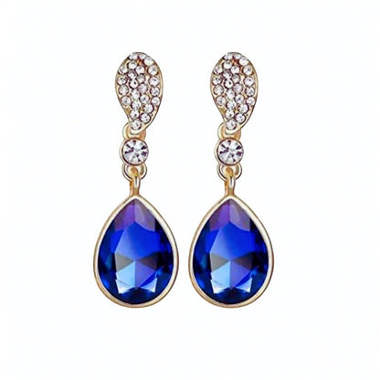 Luxury Blue Teardrop Rhinestone Earrings – Gold Plated Crystal Dangle Earrings for Women | Elegant Wedding & Party Jewelry - Fatisha Boutique