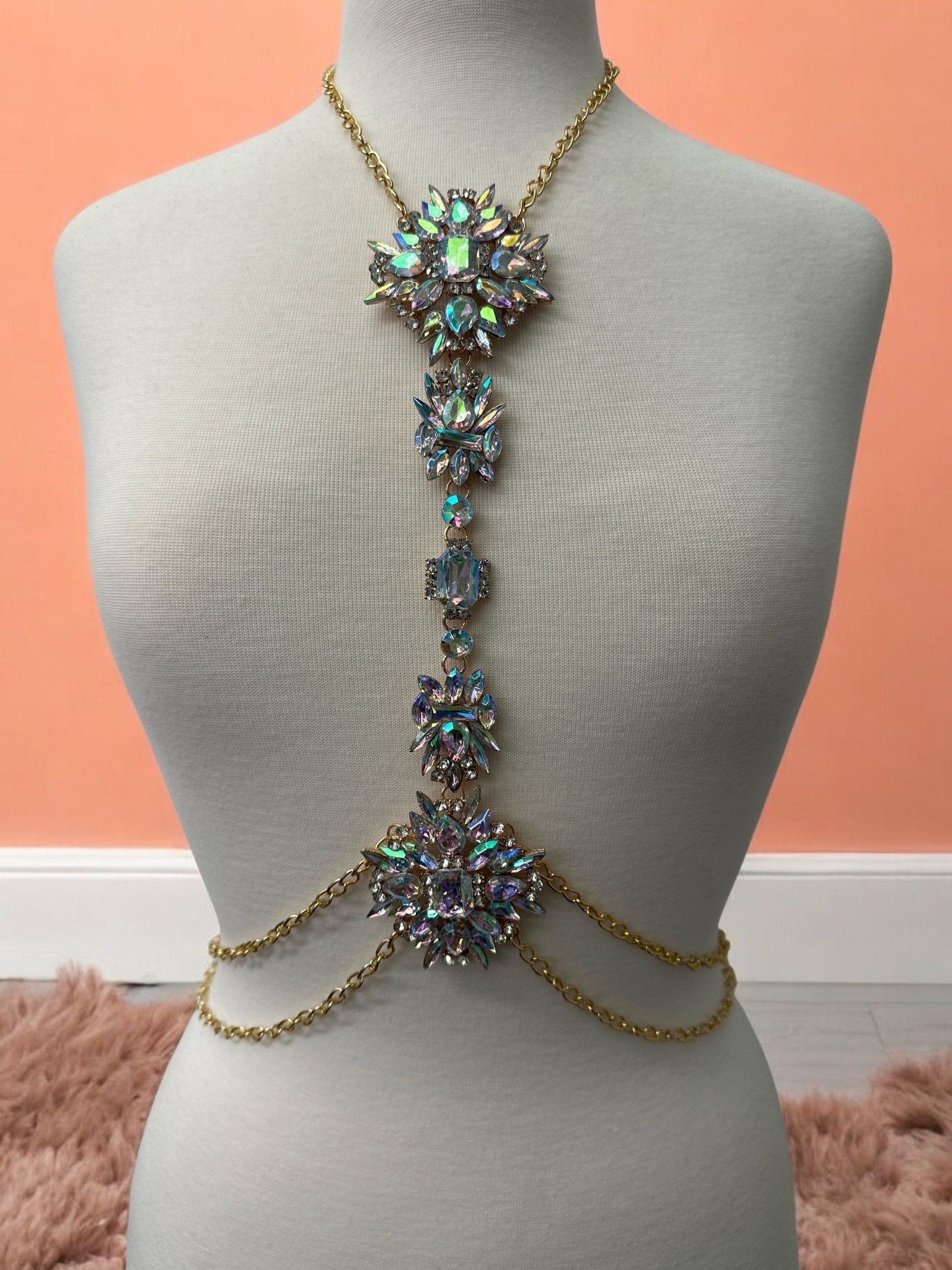 Luxury Rhinestone Crystal Statement Body Chain – Gold Plated, Festival & Party Jewellery - Fatisha Boutique
