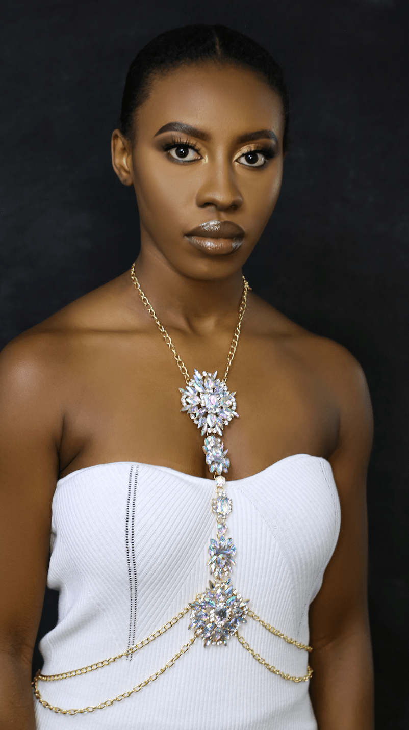 Luxury Rhinestone Crystal Statement Body Chain – Gold Plated, Festival & Party Jewellery - Fatisha Boutique