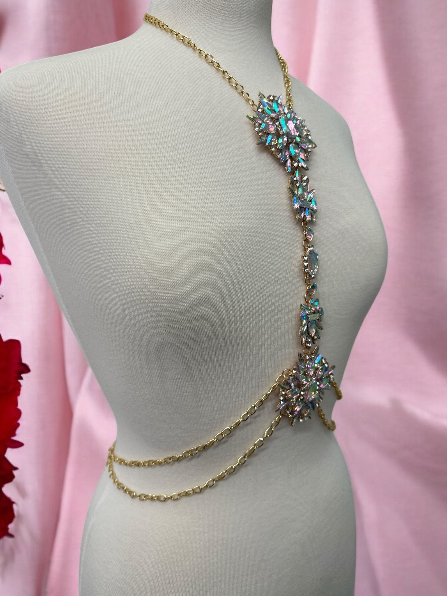 Luxury Rhinestone Crystal Statement Body Chain – Gold Plated, Festival & Party Jewellery - Fatisha Boutique