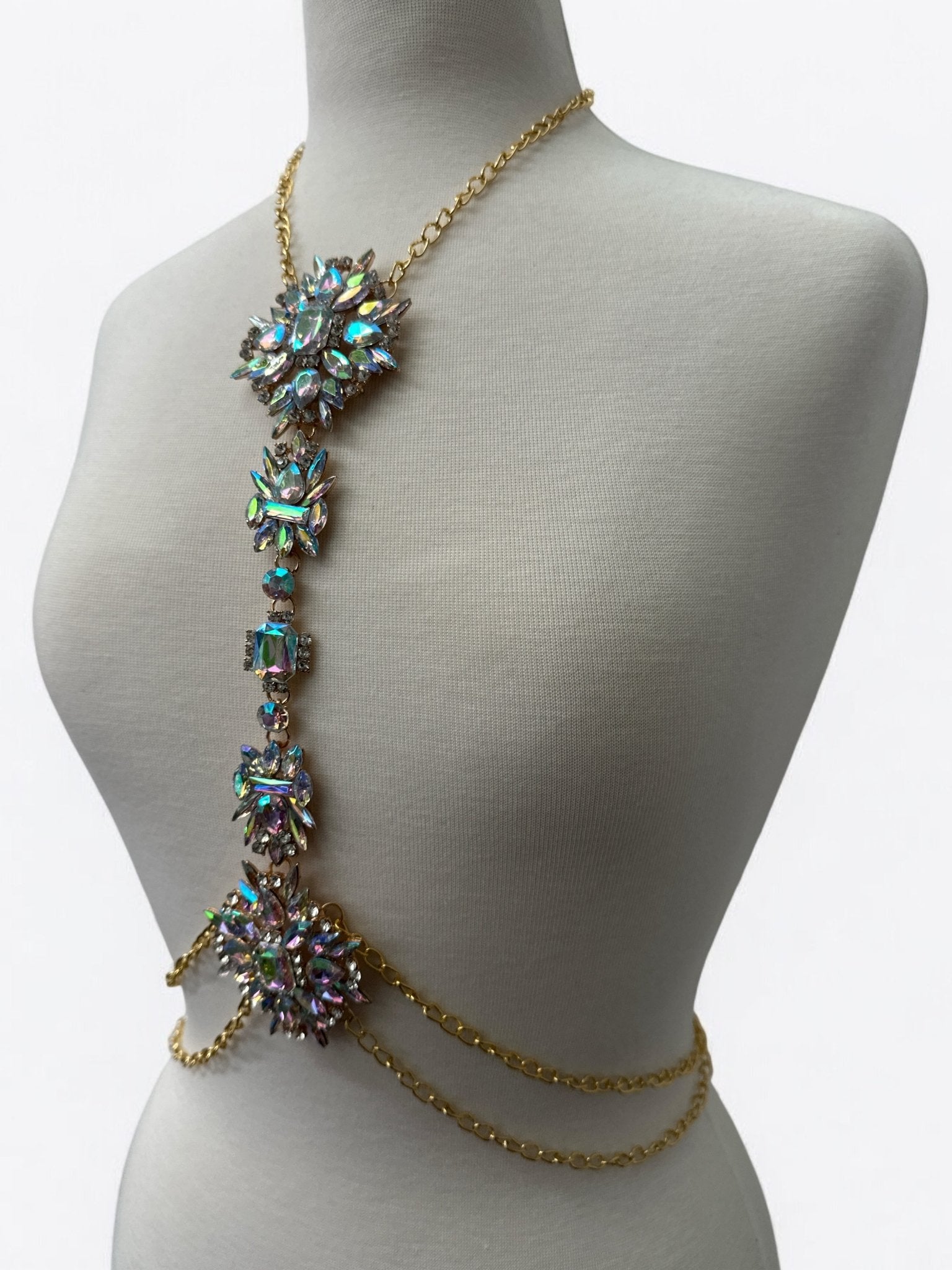 Luxury Rhinestone Crystal Statement Body Chain – Gold Plated, Festival & Party Jewellery - Fatisha Boutique