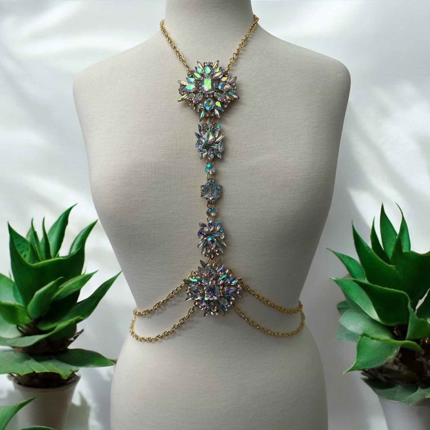 Luxury Rhinestone Crystal Statement Body Chain – Gold Plated, Festival & Party Jewellery - Fatisha Boutique