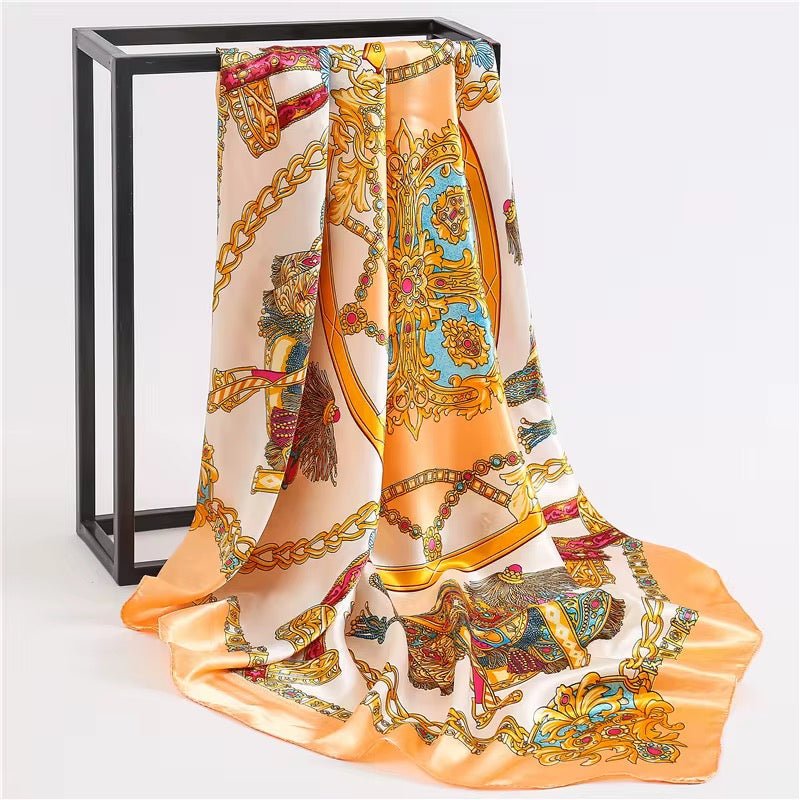Luxury Square Satin Silk Scarf – Elegant Equestrian Print for Women - Fatisha Boutique