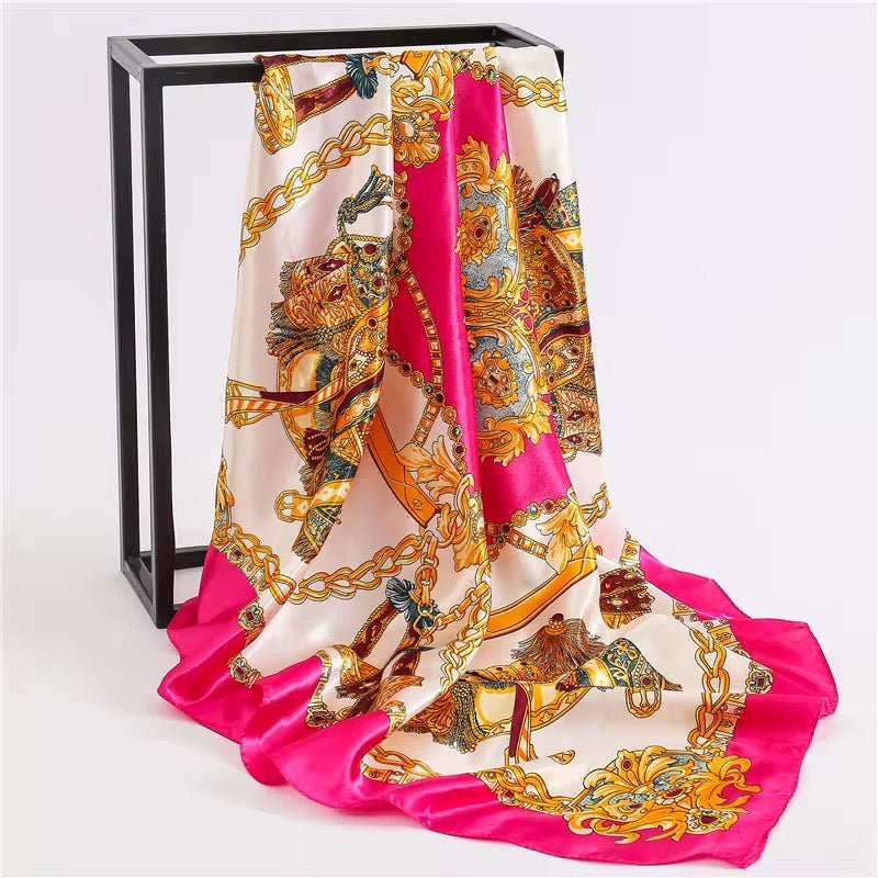 Luxury Square Satin Silk Scarf – Elegant Equestrian Print for Women - Fatisha Boutique