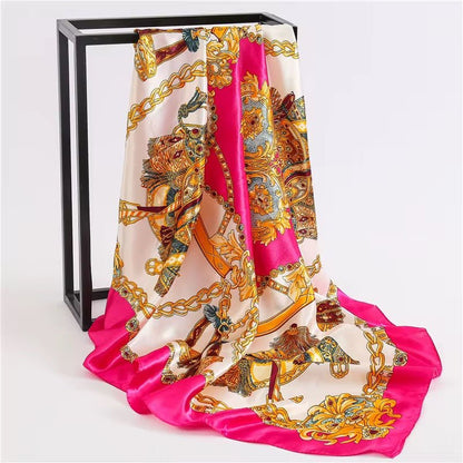 Luxury Square Satin Silk Scarf – Elegant Equestrian Print for Women - Fatisha Boutique