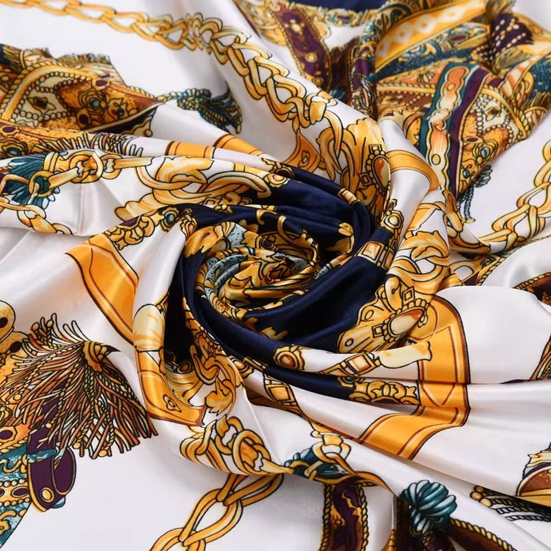 Luxury Square Satin Silk Scarf – Elegant Equestrian Print for Women - Fatisha Boutique