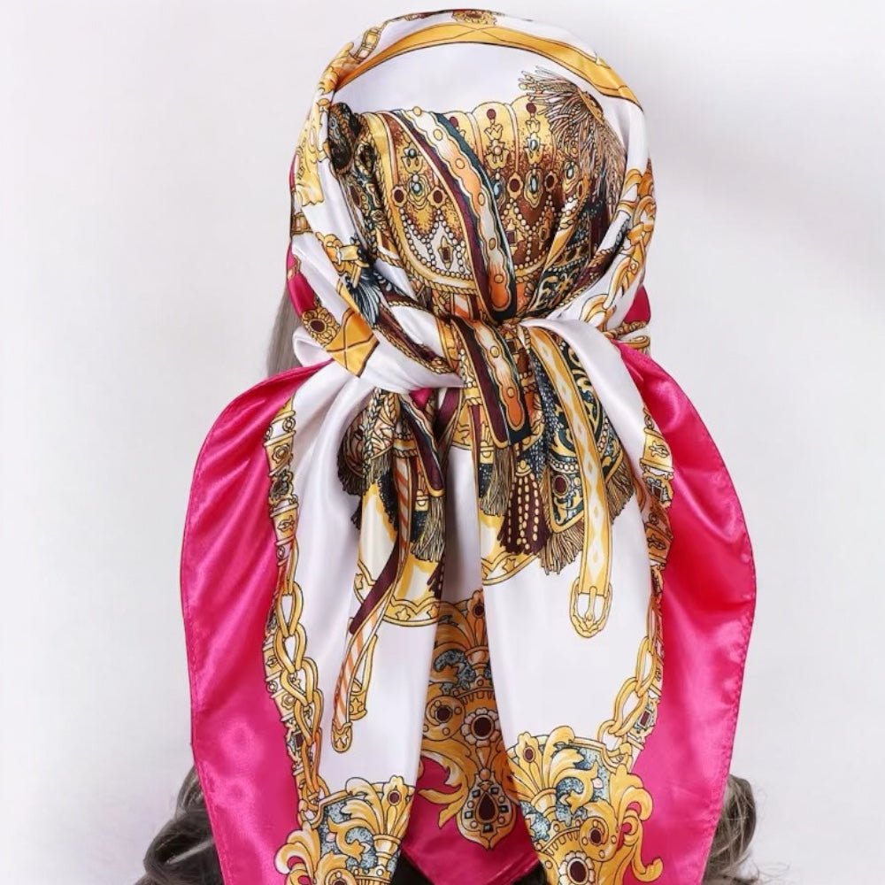 Luxury Square Satin Silk Scarf – Elegant Equestrian Print for Women - Fatisha Boutique