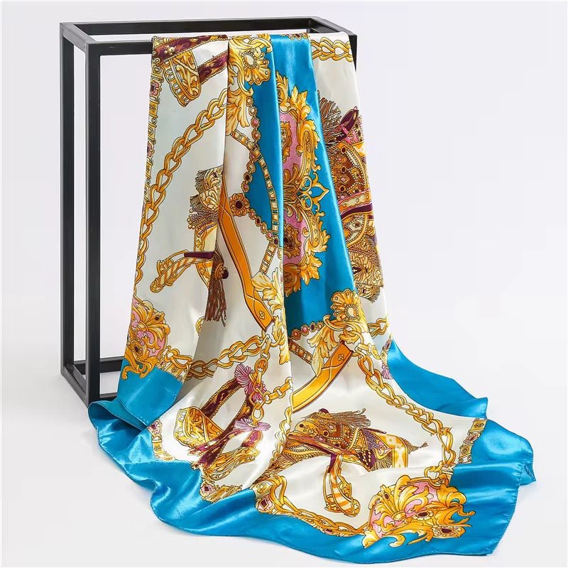Luxury Square Satin Silk Scarf – Elegant Equestrian Print for Women - Fatisha Boutique