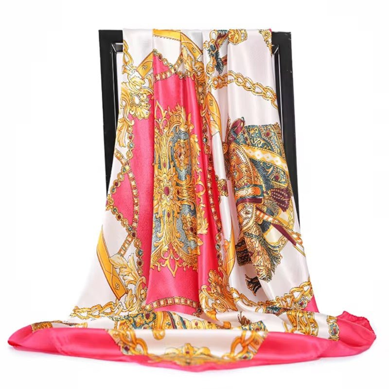 Luxury Square Satin Silk Scarf – Elegant Equestrian Print for Women - Fatisha Boutique