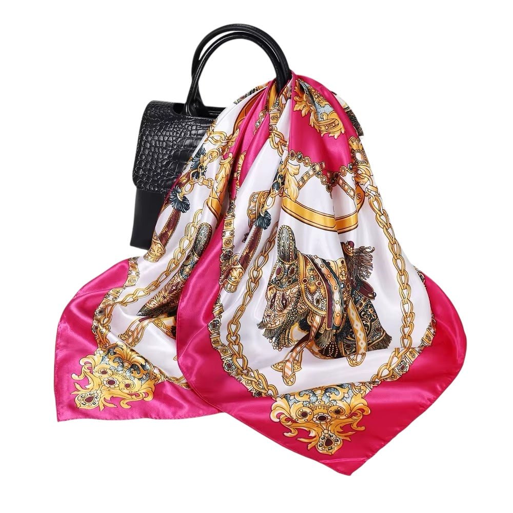 Luxury Square Satin Silk Scarf – Elegant Equestrian Print for Women - Fatisha Boutique
