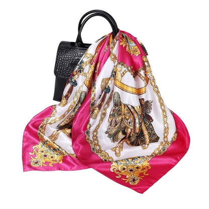 Luxury Square Satin Silk Scarf – Elegant Equestrian Print for Women - Fatisha Boutique