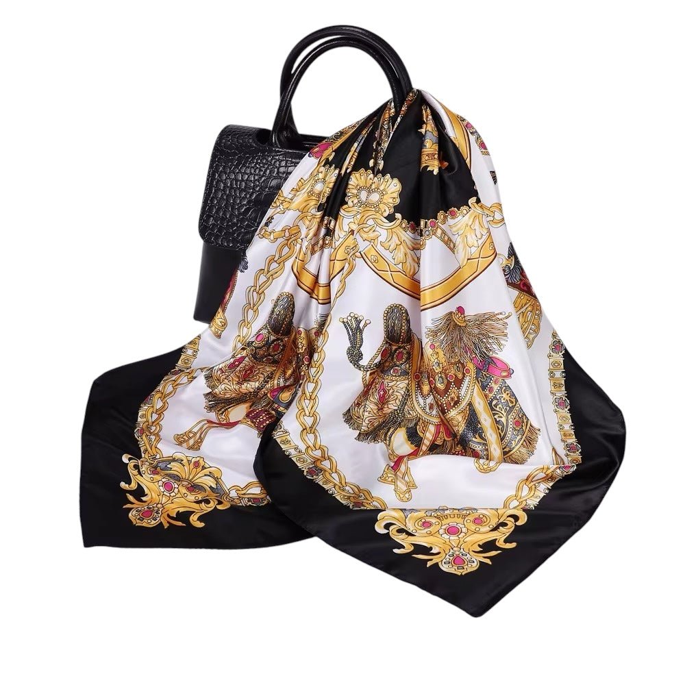 Luxury Square Satin Silk Scarf – Elegant Equestrian Print for Women - Fatisha Boutique