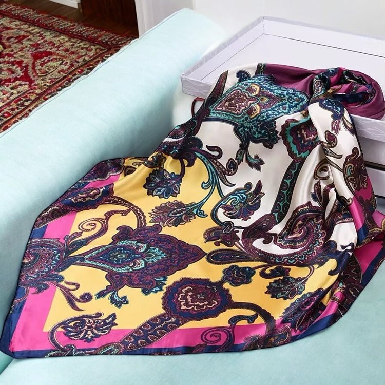 Luxury Square Satin Silk Scarf – Elegant Floral & Paisley Print for Women - Fatisha Boutique