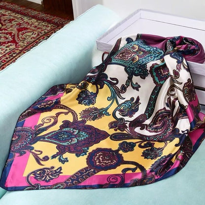 Luxury Square Satin Silk Scarf – Elegant Floral & Paisley Print for Women - Fatisha Boutique