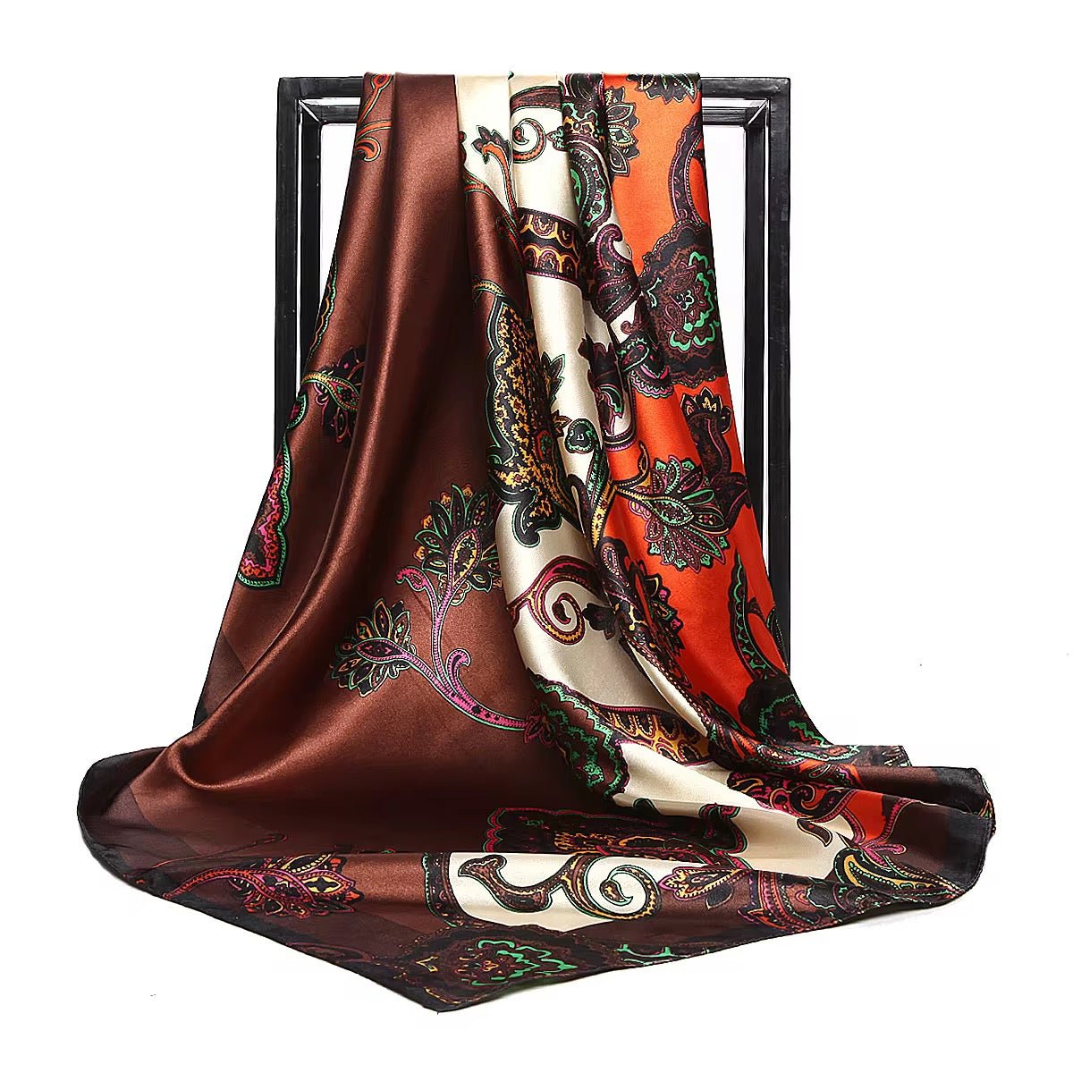 Luxury Square Satin Silk Scarf – Elegant Floral & Paisley Print for Women - Fatisha Boutique