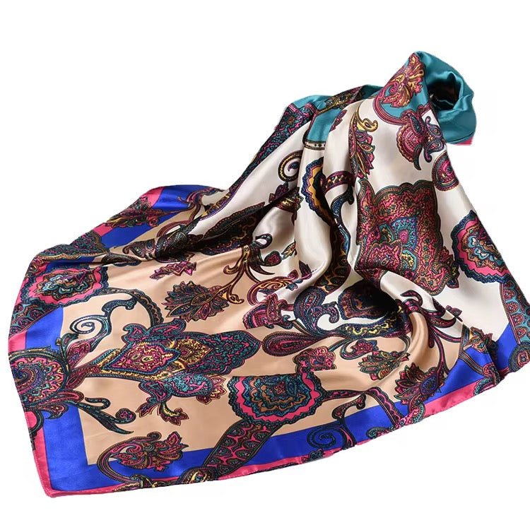 Luxury Square Satin Silk Scarf – Elegant Floral & Paisley Print for Women - Fatisha Boutique