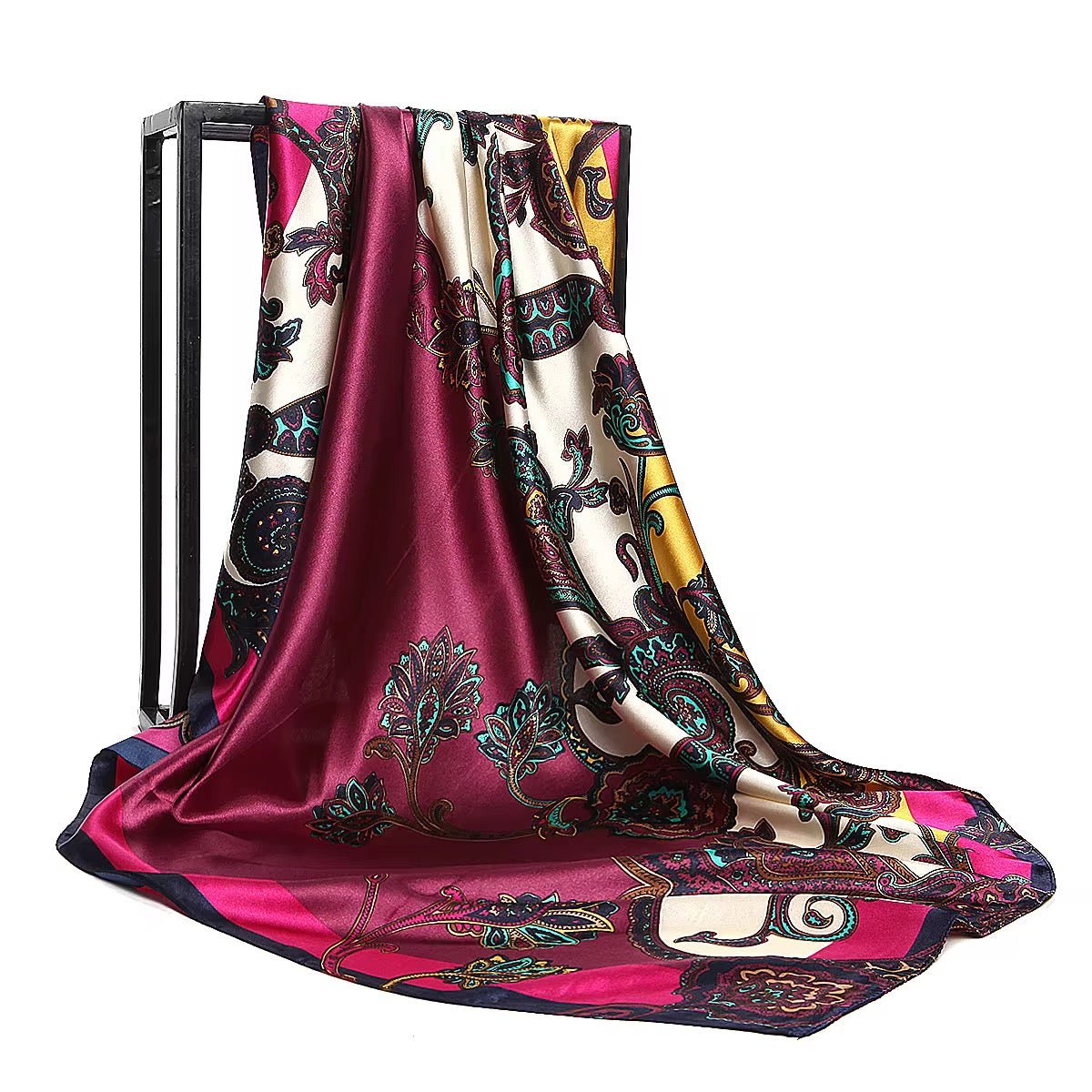 Luxury Square Satin Silk Scarf – Elegant Floral & Paisley Print for Women - Fatisha Boutique