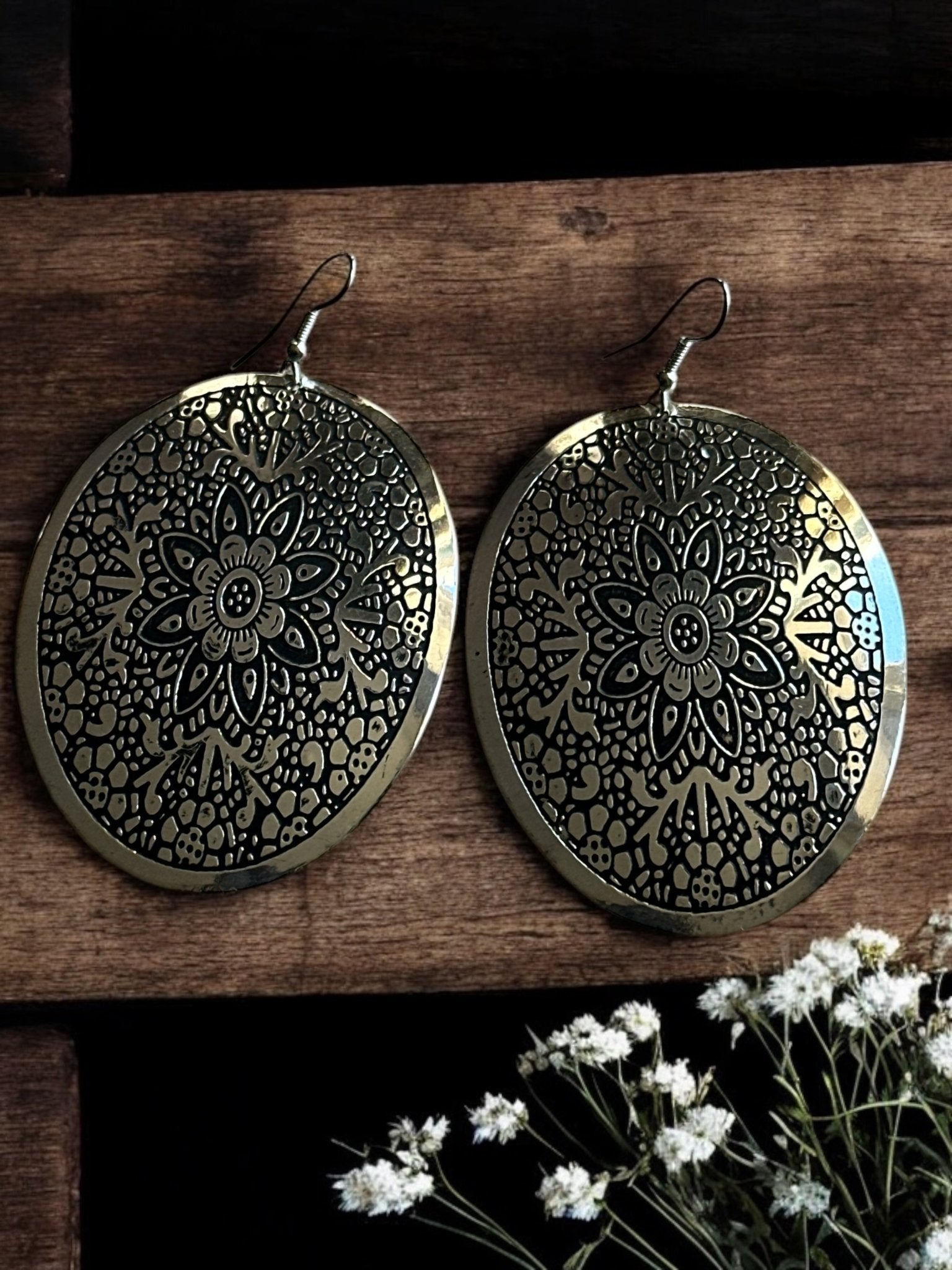 Mandala - Engraved Brass Dangle Earrings – Bohemian Statement Jewellery - Fatisha Boutique