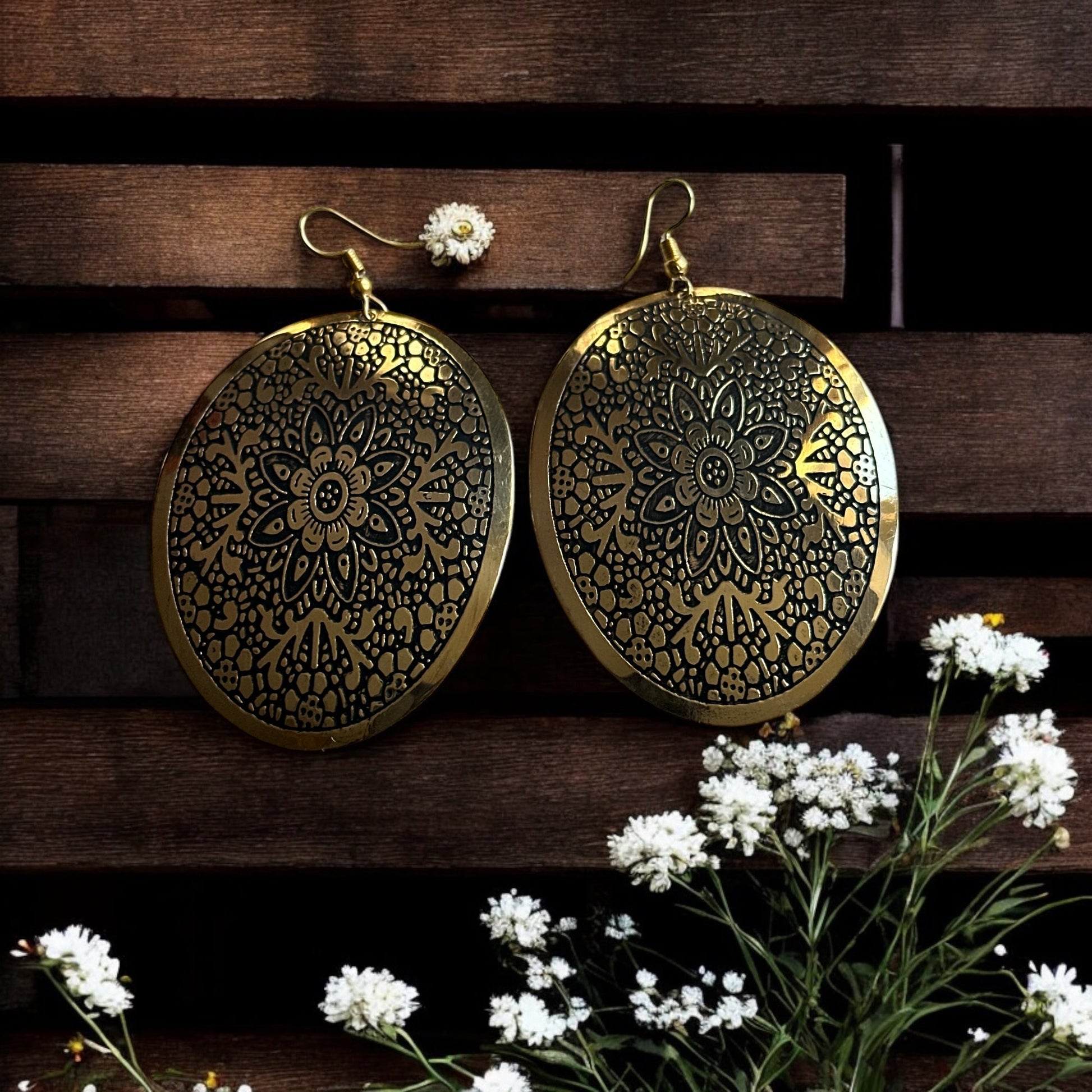Mandala - Engraved Brass Dangle Earrings – Bohemian Statement Jewellery - Fatisha Boutique