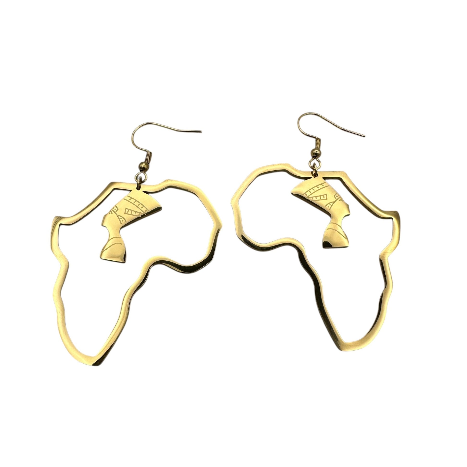 Medium Africa Map Shaped Queen Nefertiti Dangle Statement Earrings (Gold or Silver) - Fatisha Boutique