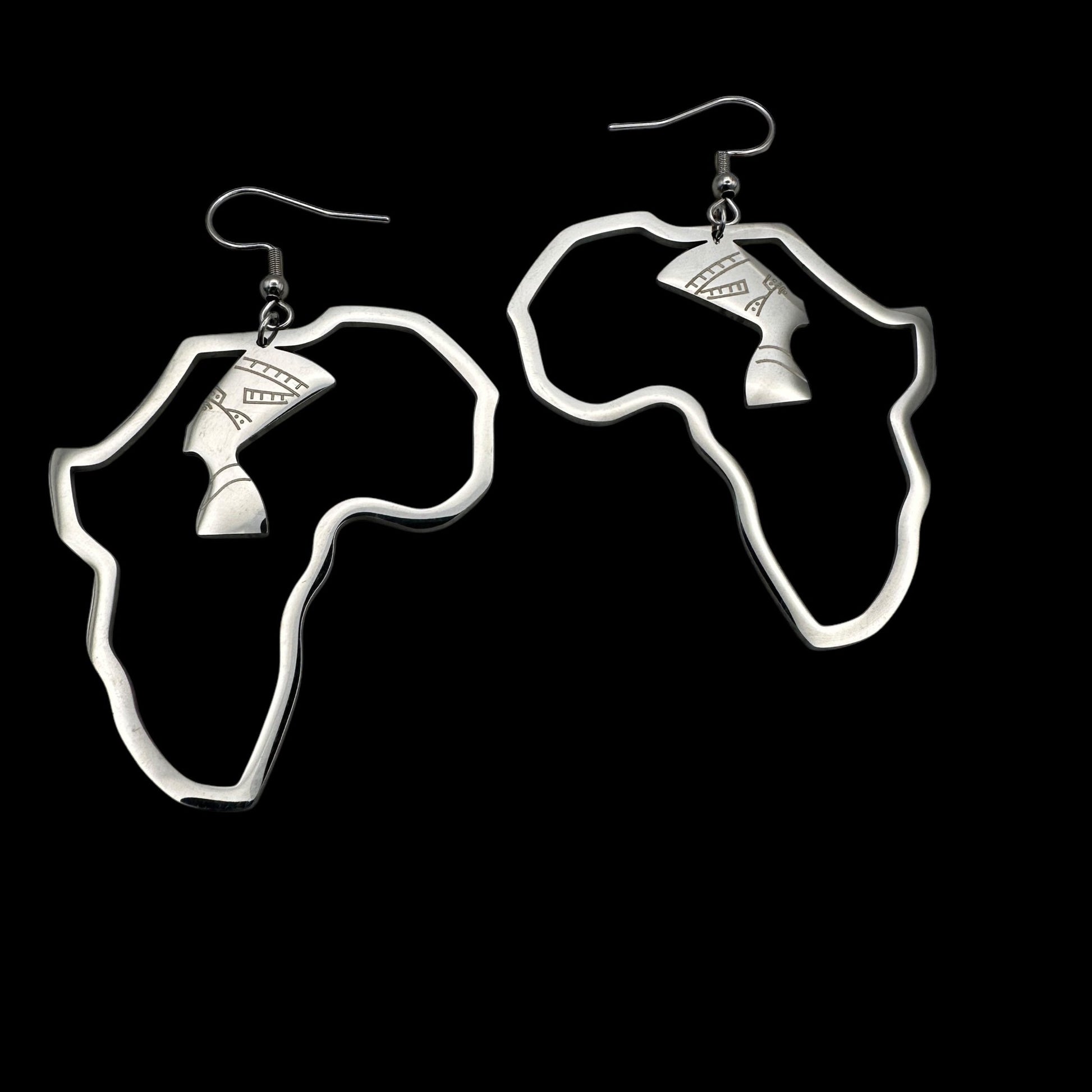Medium Africa Map Shaped Queen Nefertiti Dangle Statement Earrings (Gold or Silver) - Fatisha Boutique