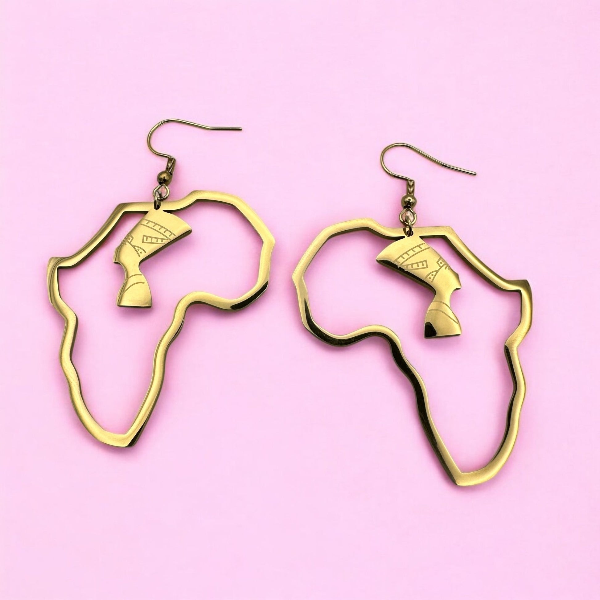 Medium Africa Map Shaped Queen Nefertiti Dangle Statement Earrings (Gold or Silver) - Fatisha Boutique